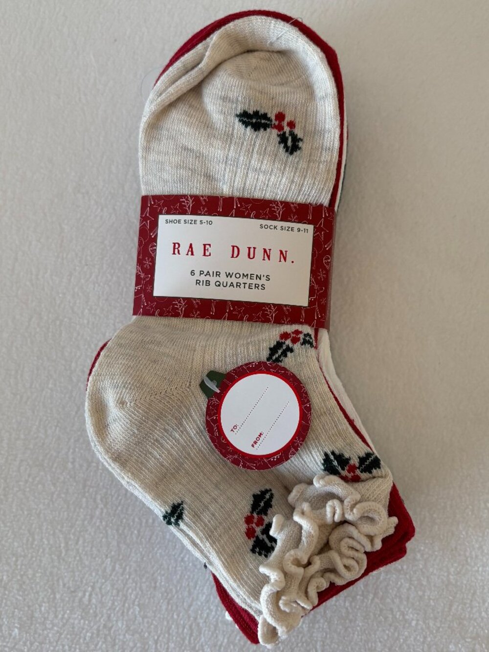 NWT - Rae Dunn 6 pr Women's Cushioned Rib Quarter Socks - Holly Collection